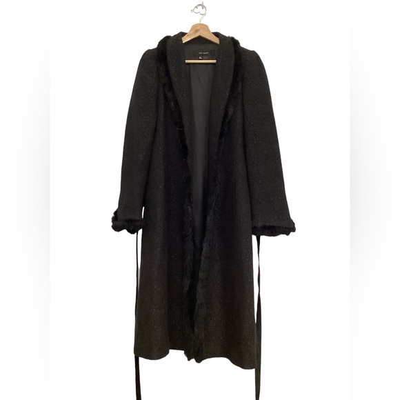Zara Fur Trim Button Front Belted Long Coat in Black/Silver Metallic Size L - Picture 13 of 16